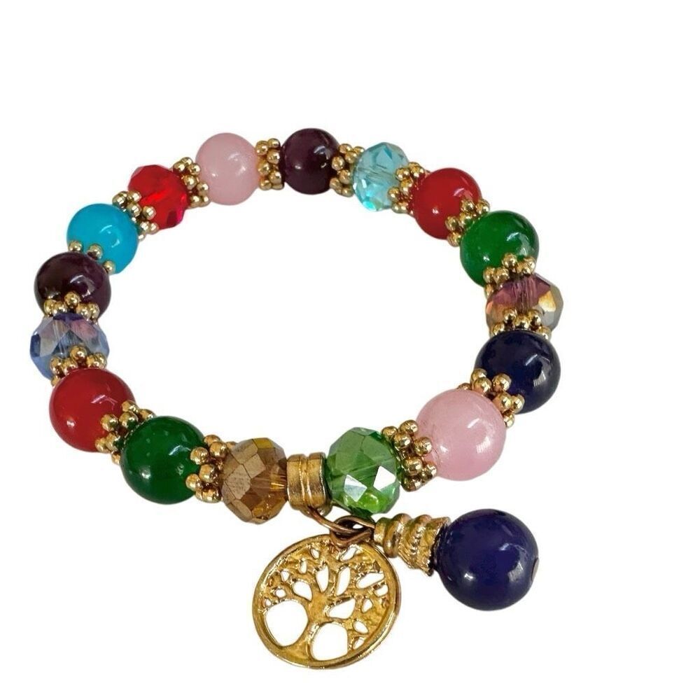 Colorful glass beaded tree of life charm bracelet